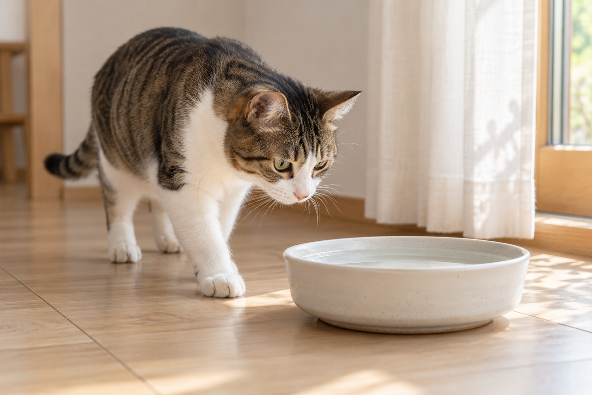 明るい室内で、浅い陶器の水皿に近づく猫