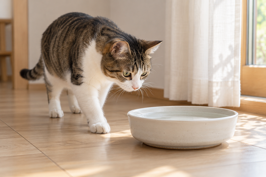 明るい室内で、浅い陶器の水皿に近づく猫