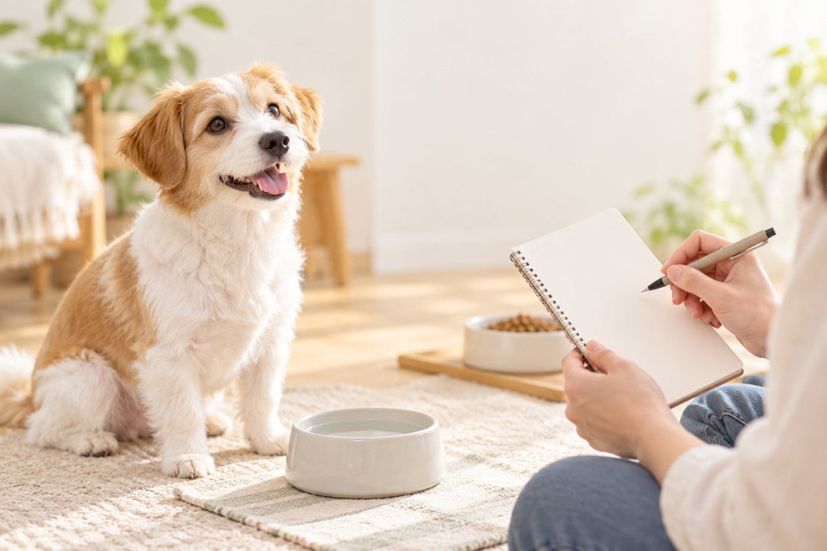 水の入ったボウルのそばで座る犬と、食事・水分・排便の記録を取る飼い主。商品やロゴは写っていない