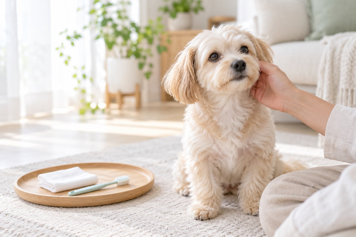 明るい室内で、飼い主に頬をやさしく触れられて落ち着いて座る小型犬。そばに柔らかい歯ブラシと清潔なガーゼ。