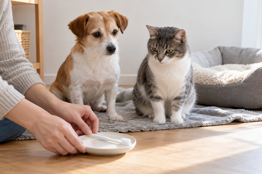 室内で落ち着いて座る小型犬と猫のそばに、飼い主が歯ブラシを用意するイメージ
